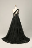 Sky Blue A Line One Shoulder Long Ball Dress with Appliques
