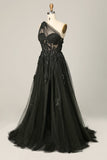Sky Blue A Line One Shoulder Long Ball Dress with Appliques