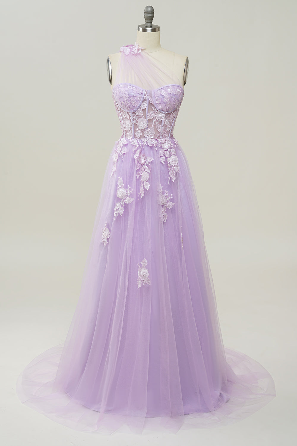 Sky Blue A Line One Shoulder Long Ball Dress with Appliques