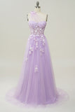 A Line One Shoulder Sky Blue Long Ball Dress with Appliques