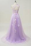 Sky Blue A Line One Shoulder Long Ball Dress with Appliques