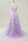 A Line One Shoulder Sky Blue Long Ball Dress with Appliques
