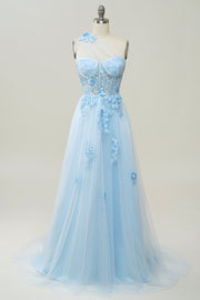 A Line One Shoulder Sky Blue Long Ball Dress with Appliques