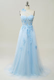 A Line One Shoulder Sky Blue Long Ball Dress with Appliques