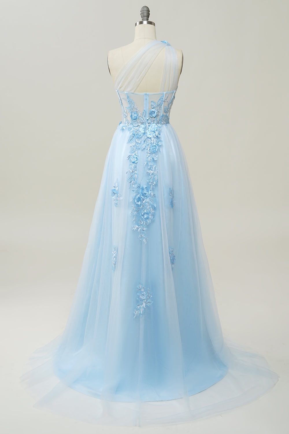 A Line One Shoulder Sky Blue Long Ball Dress with Appliques