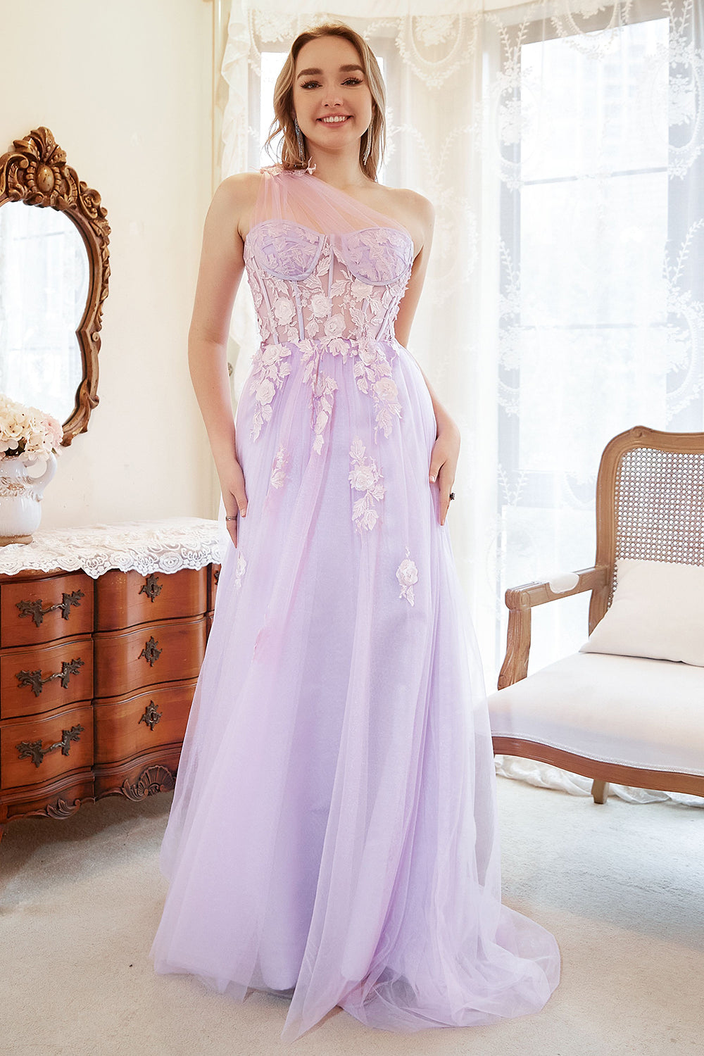 A Line One Shoulder Purple Plus Size Ball Dress with Appliques