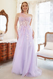 A Line One Shoulder Purple Plus Size Ball Dress with Appliques
