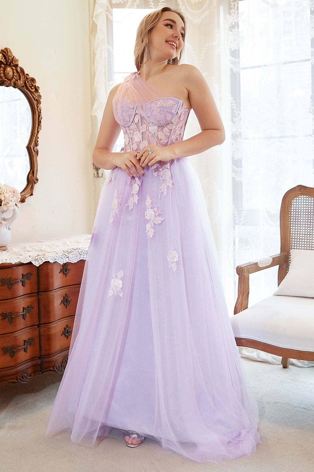 A Line One Shoulder Purple Plus Size Ball Dress with Appliques