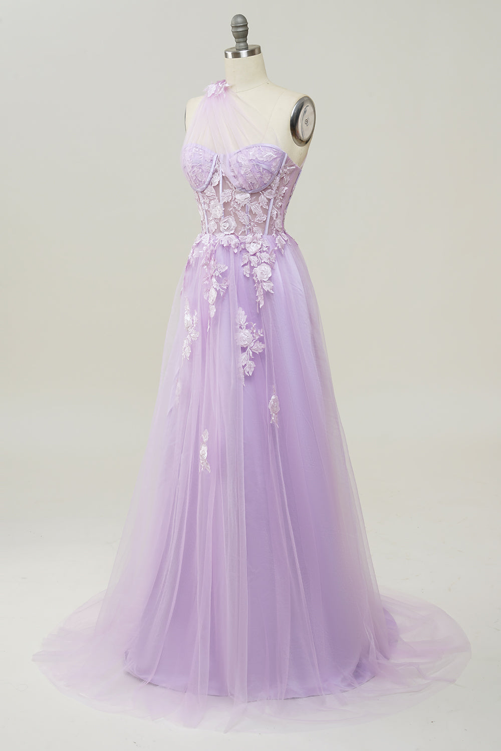 Sky Blue A Line One Shoulder Long Ball Dress with Appliques
