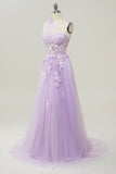 Sky Blue A Line One Shoulder Long Ball Dress with Appliques
