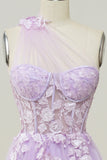 A Line One Shoulder Sky Blue Long Ball Dress with Appliques