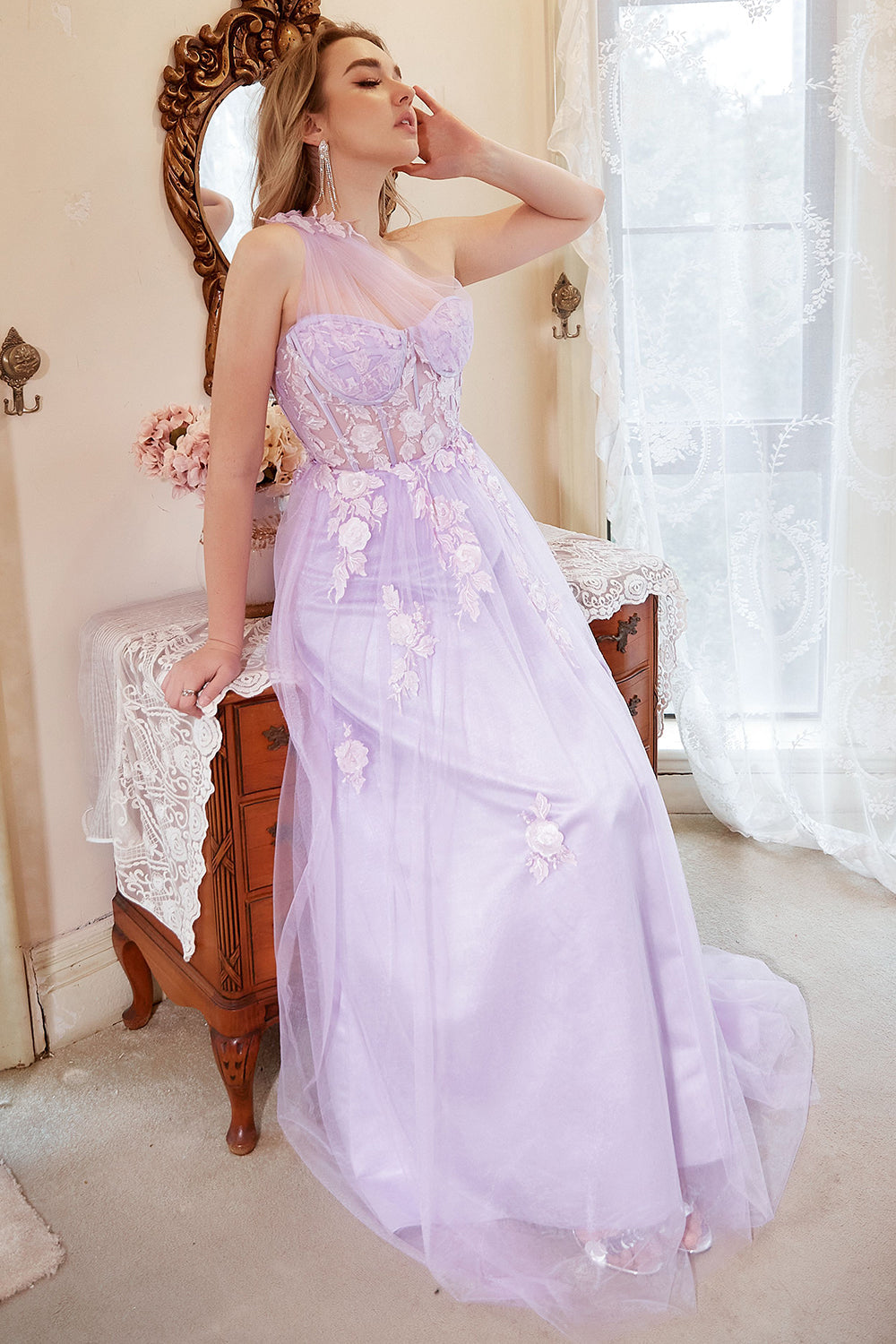 A Line One Shoulder Purple Plus Size Ball Dress with Appliques