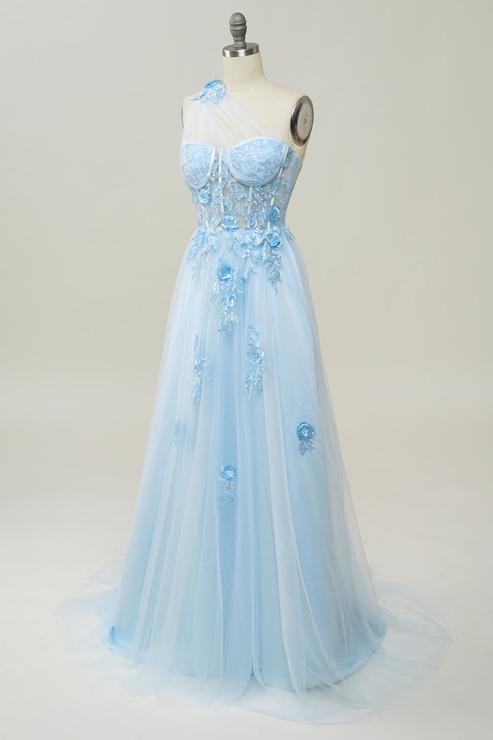 A Line One Shoulder Sky Blue Long Ball Dress with Appliques