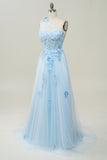 A Line One Shoulder Sky Blue Long Ball Dress with Appliques