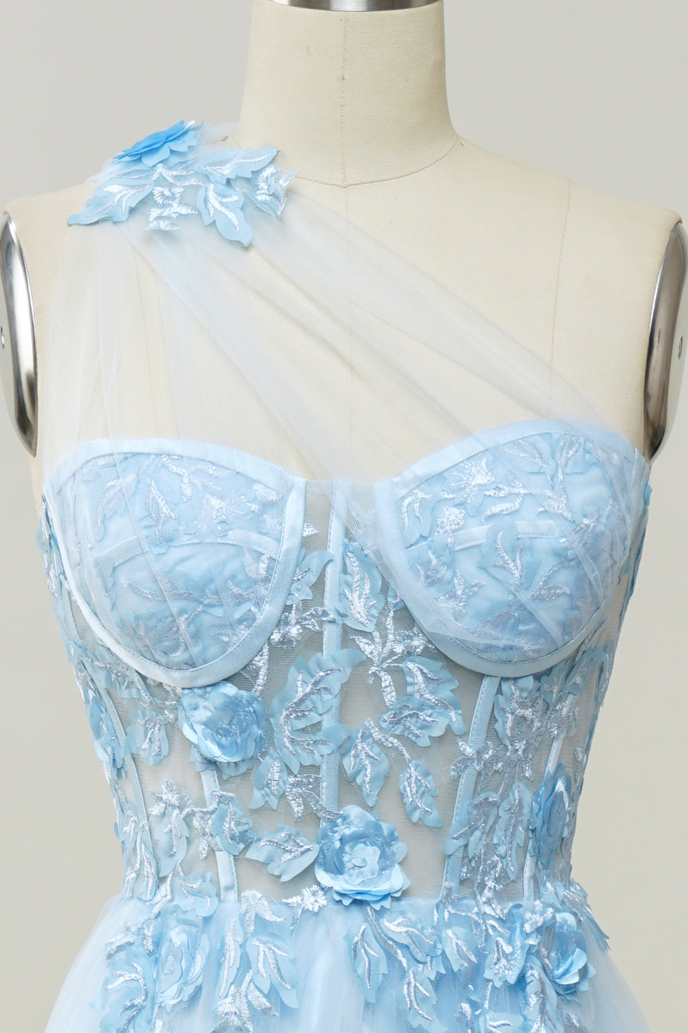A Line One Shoulder Sky Blue Long Ball Dress with Appliques