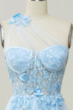 A Line One Shoulder Sky Blue Long Ball Dress with Appliques