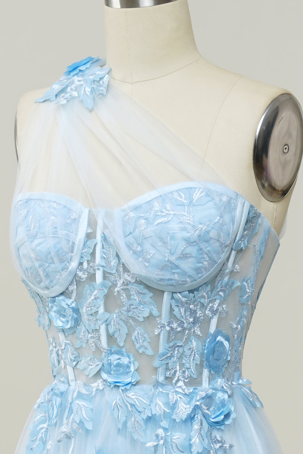 A Line One Shoulder Sky Blue Long Ball Dress with Appliques
