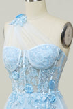 A Line One Shoulder Sky Blue Long Ball Dress with Appliques