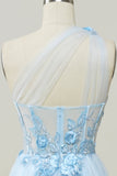 A Line One Shoulder Sky Blue Long Ball Dress with Appliques