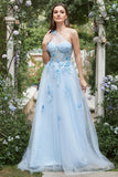 Sky Blue A Line One Shoulder Long Ball Dress with Appliques