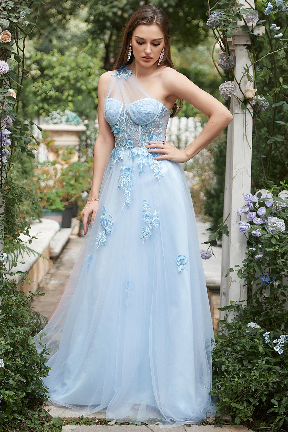 Sky Blue A Line One Shoulder Long Ball Dress with Appliques