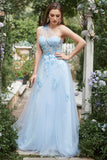 Sky Blue A Line One Shoulder Long Ball Dress with Appliques