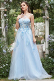 Sky Blue A Line One Shoulder Long Ball Dress with Appliques
