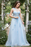 Sky Blue A Line One Shoulder Long Ball Dress with Appliques