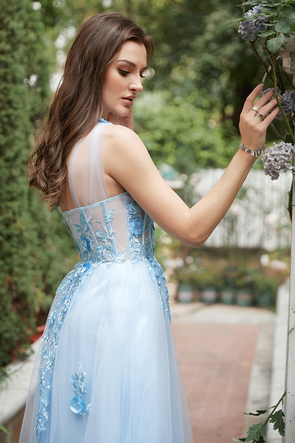 Sky Blue A Line One Shoulder Long Ball Dress with Appliques