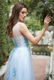 Sky Blue A Line One Shoulder Long Ball Dress with Appliques