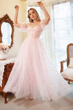 A Line Off the Shoulder Blush Pink Plus Size Ball Dress with Embroidery