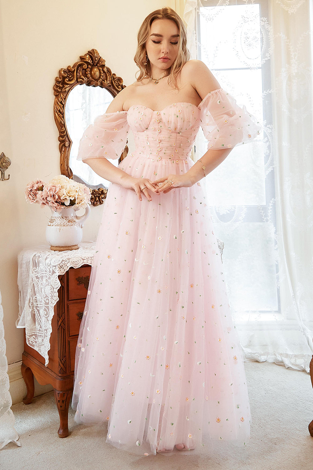A Line Off the Shoulder Blush Pink Plus Size Ball Dress with Embroidery
