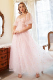 A Line Off the Shoulder Blush Pink Plus Size Ball Dress with Embroidery