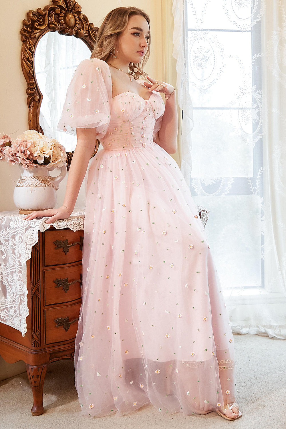 A Line Off the Shoulder Blush Pink Plus Size Ball Dress with Embroidery