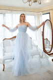 A Line Strapless Blue Printed Plus Size Ball Dress with Half Sleeves