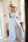 A Line Strapless Blue Printed Plus Size Ball Dress with Half Sleeves