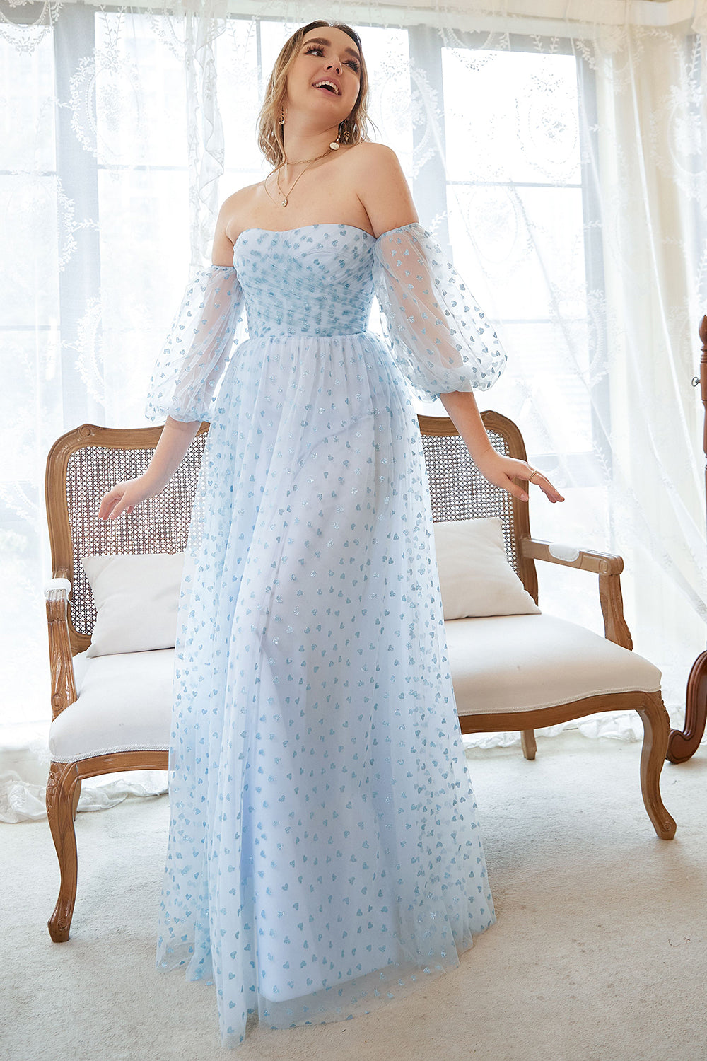 A Line Strapless Blue Printed Plus Size Ball Dress with Half Sleeves