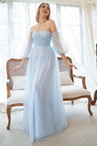 A Line Strapless Blue Printed Plus Size Ball Dress with Half Sleeves