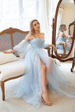 A Line Strapless Blue Printed Plus Size Ball Dress with Half Sleeves
