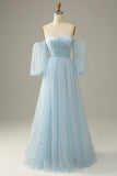 A Line Sky Blue Off The Shoulder Ball Dress with Half Sleeves