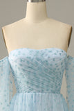 A Line Sky Blue Off The Shoulder Ball Dress with Half Sleeves