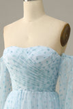 A Line Sky Blue Off The Shoulder Ball Dress with Half Sleeves