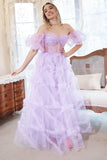 A Line Off the Shoulder Purple Corset Plus Size Ball Dress with Bowknot