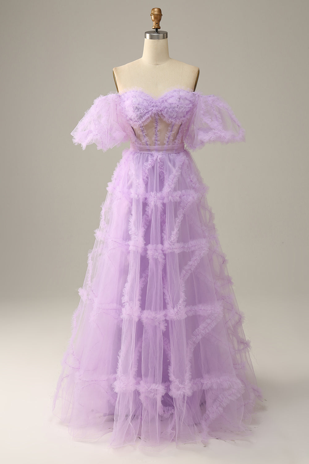 Purple A Line Off The Shoulder Floor Length Tulle Ball Dress with Bowknot