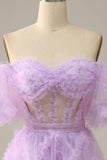 Purple A Line Off The Shoulder Floor Length Tulle Ball Dress with Bowknot