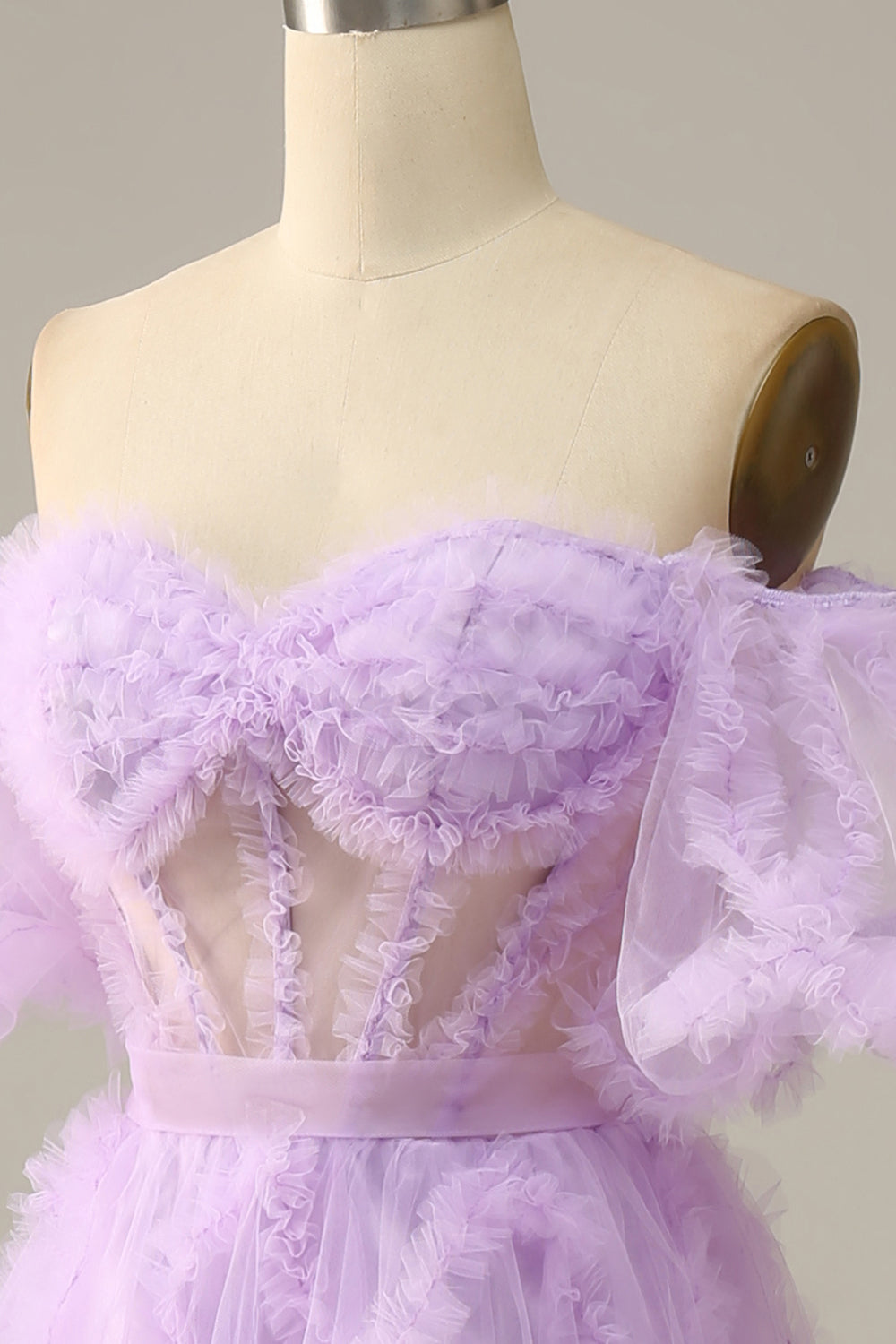 Purple A Line Off The Shoulder Floor Length Tulle Ball Dress with Bowknot
