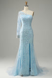 Sky Blue One Shoulder Mermaid Tulle Ball Dress With Appliques