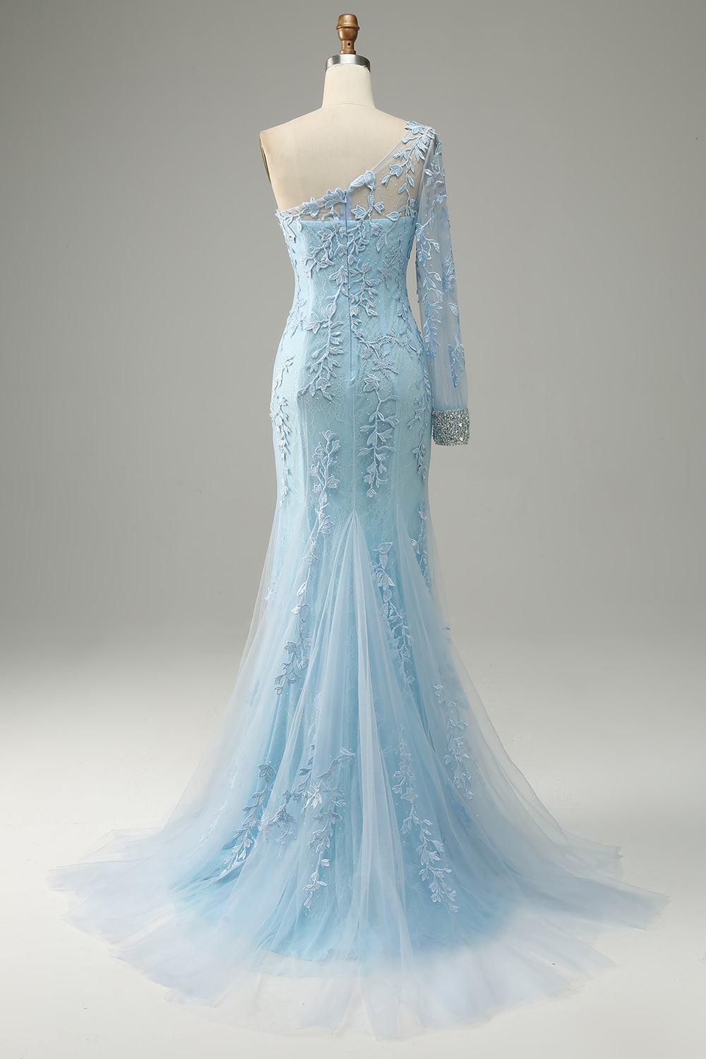 Sky Blue One Shoulder Mermaid Tulle Ball Dress With Appliques