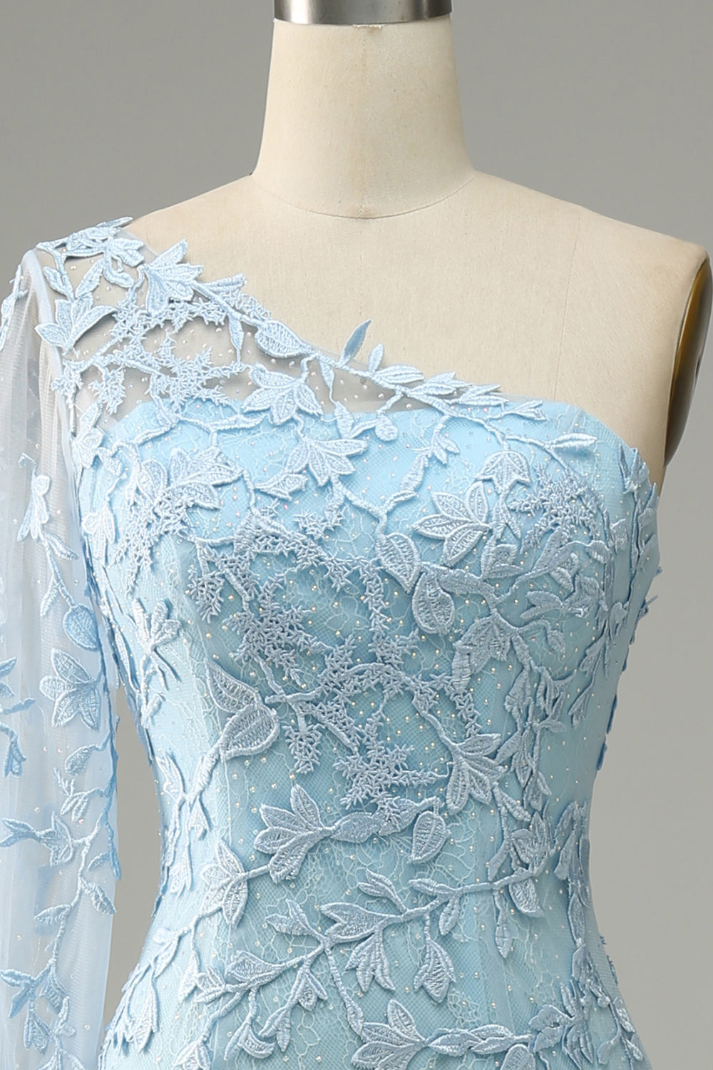 Sky Blue One Shoulder Mermaid Tulle Ball Dress With Appliques