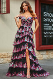 Princess A Line Off the Shoulder Black Pink Long Ball Dress with Tiered Lace